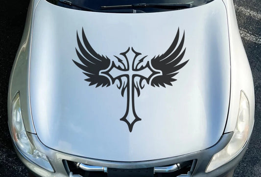 CROSS God Protect Me Angel Wing Car Bike Decal Christian Sticker Motorbike Ute — product photo