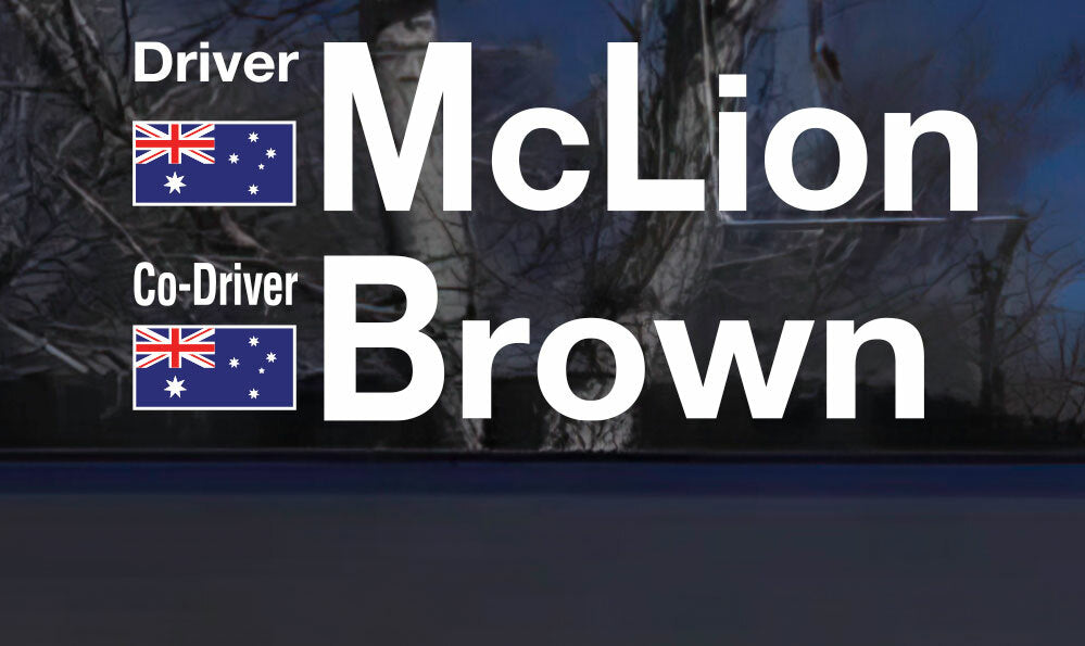 Custom Driver Co-Driver Name Flag Decal 2x Set CAMS Approved Motorsport Sticker — product photo