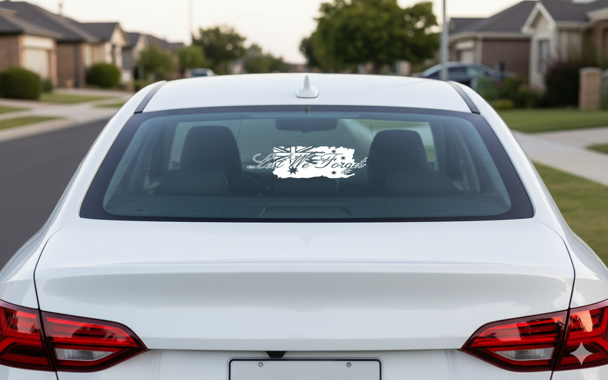 Lest We Forget Distressed Australian Flag ANZAC Decal Sticker Car Caravan Bike — shown applied