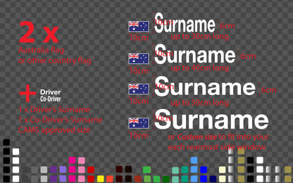 Custom Driver Co-Driver Name Flag Decal 2x Set CAMS Approved Motorsport Sticker — shown applied