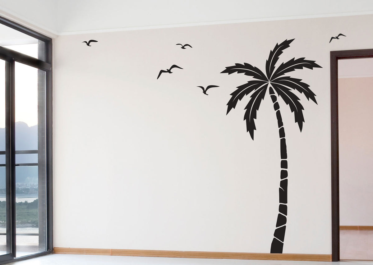 Palm Tree Seagulls Wall Decal Beach Tropical Nursery Theme Sticker — product photo