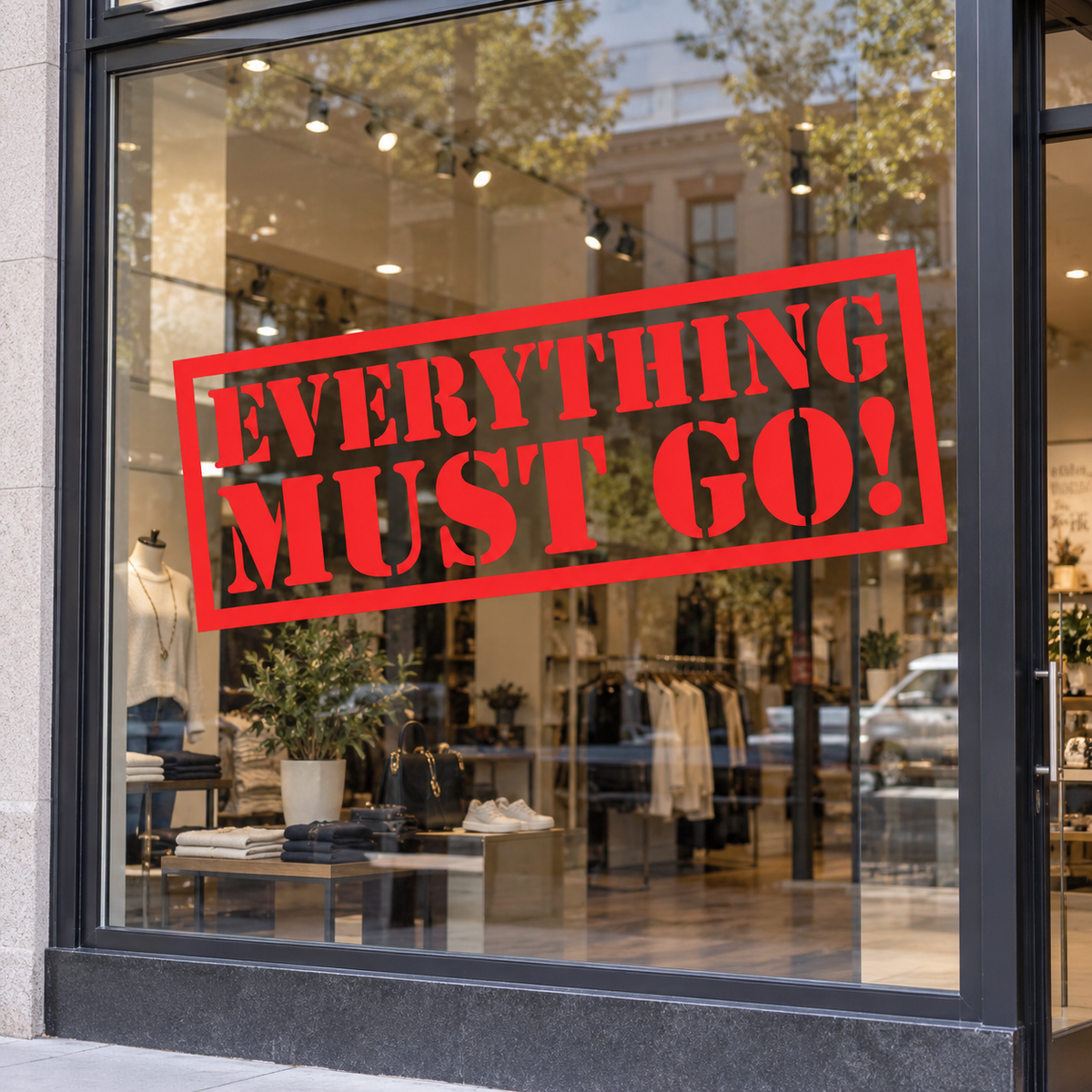 Red Everything Must Go cut vinyl decal displayed on a shop window