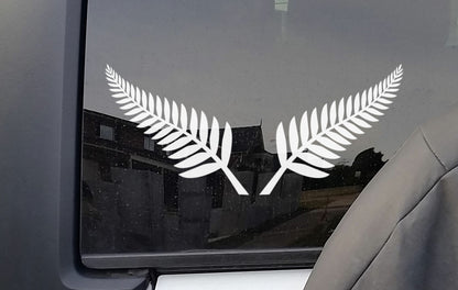 Pair Silver Fern Stickers Decals New Zealand NZ Car Boat Window Wall Door Tattoo — shown applied