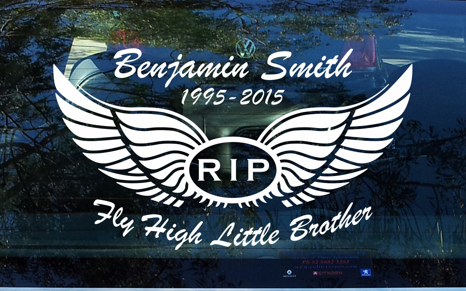 Custom Memorial Car Sticker RIP Decal Angel Wings Fly High Name Date — product photo