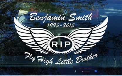 Custom Memorial Car Sticker RIP Decal Angel Wings Fly High Name Date — product photo