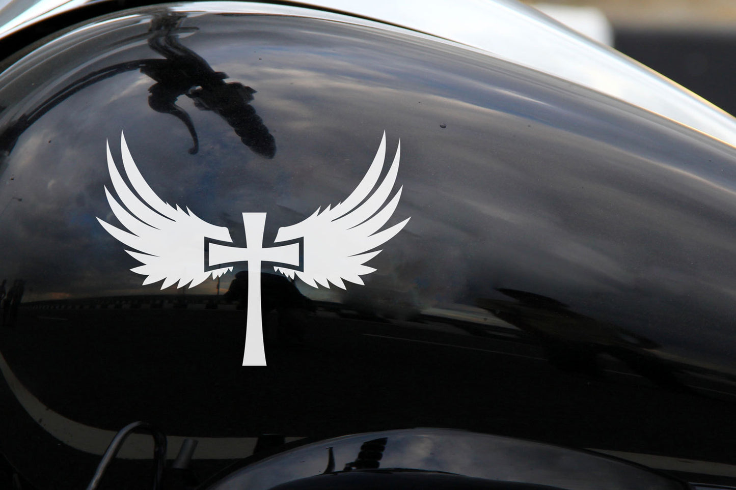 Cross Angel Christian Decal - Religious Winged Cross Sticker for Cars, Bikes — shown applied