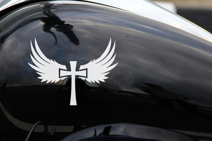 Cross Angel Christian Decal - Religious Winged Cross Sticker for Cars, Bikes — shown applied