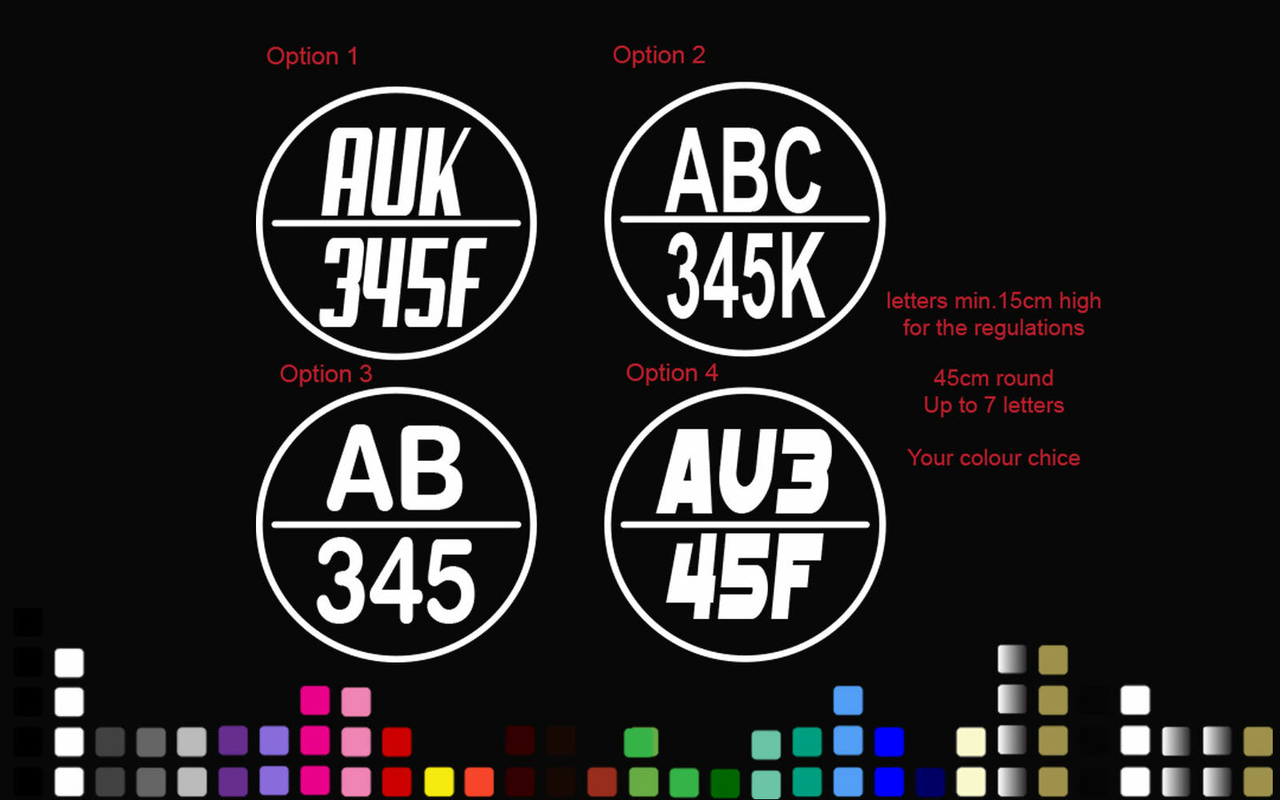 2 x Boat Rego Decal Sticker 45cm round 15cm Letters Circle Registration 450mm — shown applied