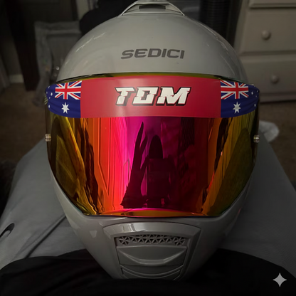 2x Custom Visor Sunstrip Decal Pair Name Number Flag Motorsport — shown applied