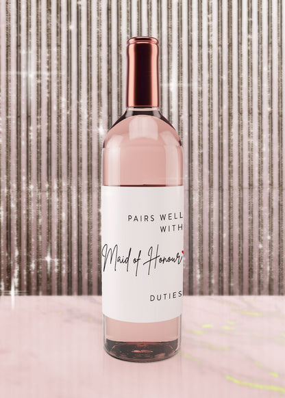 Pairs Well With Bridesmaid Duties Wine Label Wedding Champagne Bottle Sticker — shown applied