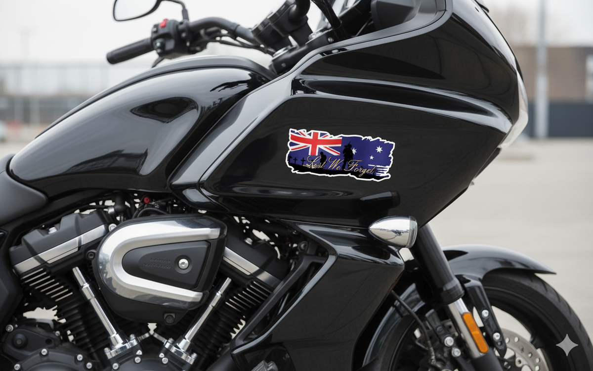 Lest We Forget Distressed Australian Flag ANZAC Decal Sticker Car Caravan Bike — size guide