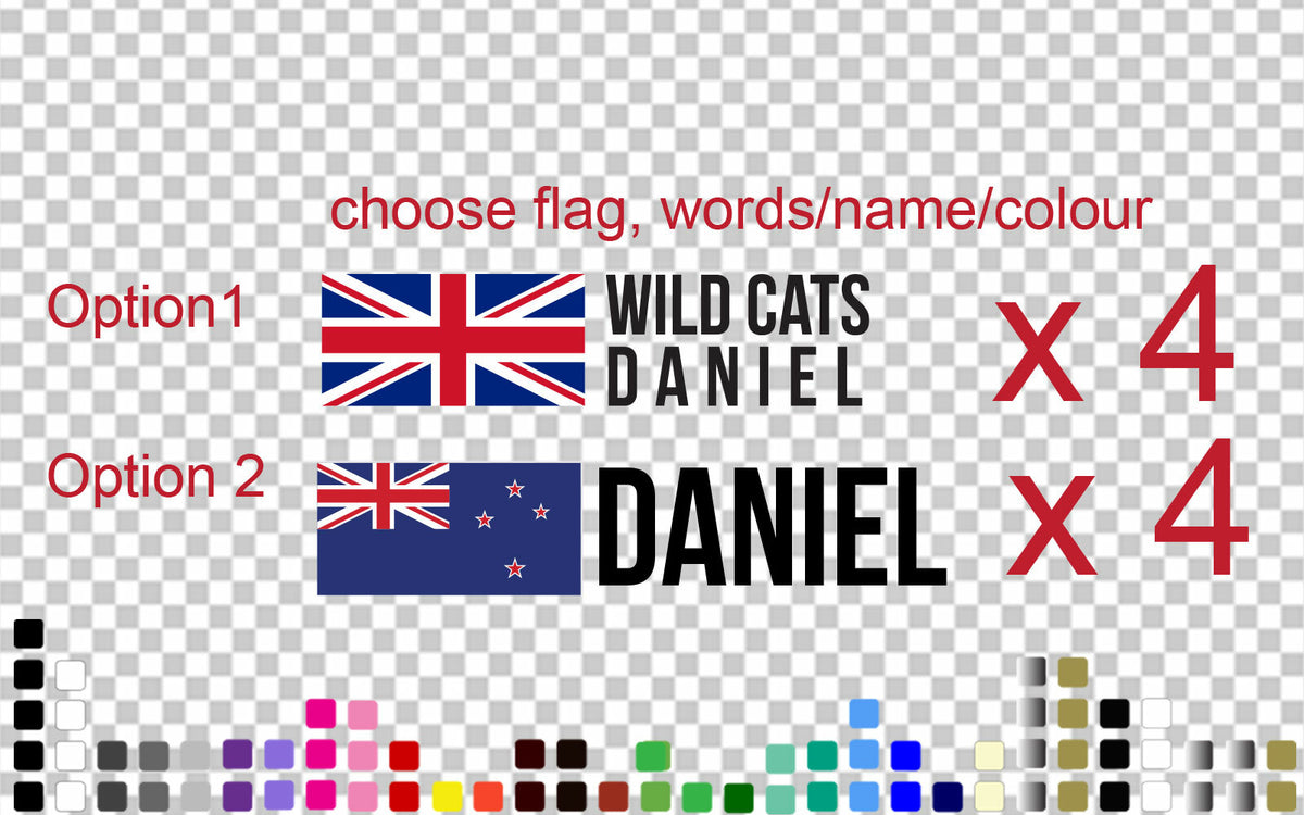 Custom Flag Name Sticker Set of 4 Clear Vinyl Decal Bike Helmet Frame Car MTB — shown applied