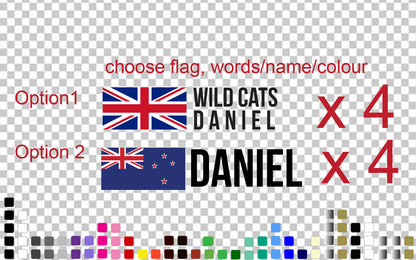 Custom Flag Name Sticker Set of 4 Clear Vinyl Decal Bike Helmet Frame Car MTB — shown applied
