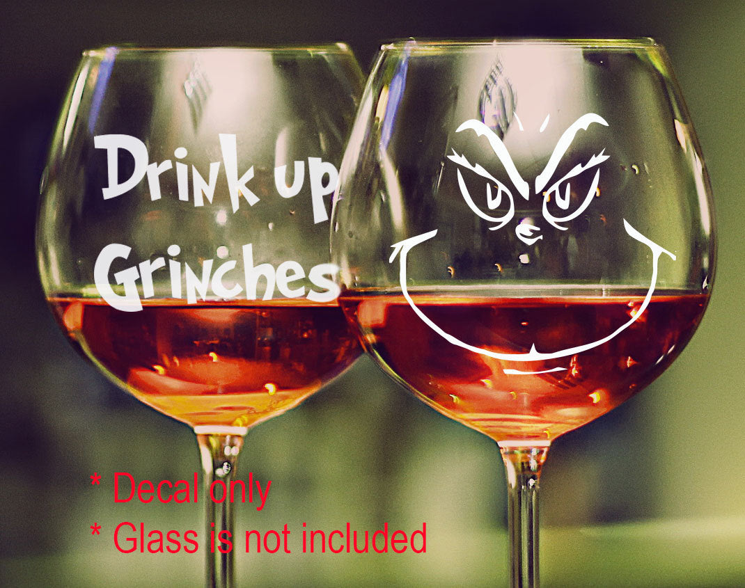 1 x Drink up Grinch Christmas Vinyl Decal Wine Glass Mug Cup Decal Sticker — product photo