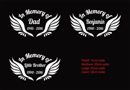 Custom Memorial Car Sticker RIP Decal In Memory of Angel Wings — shown applied