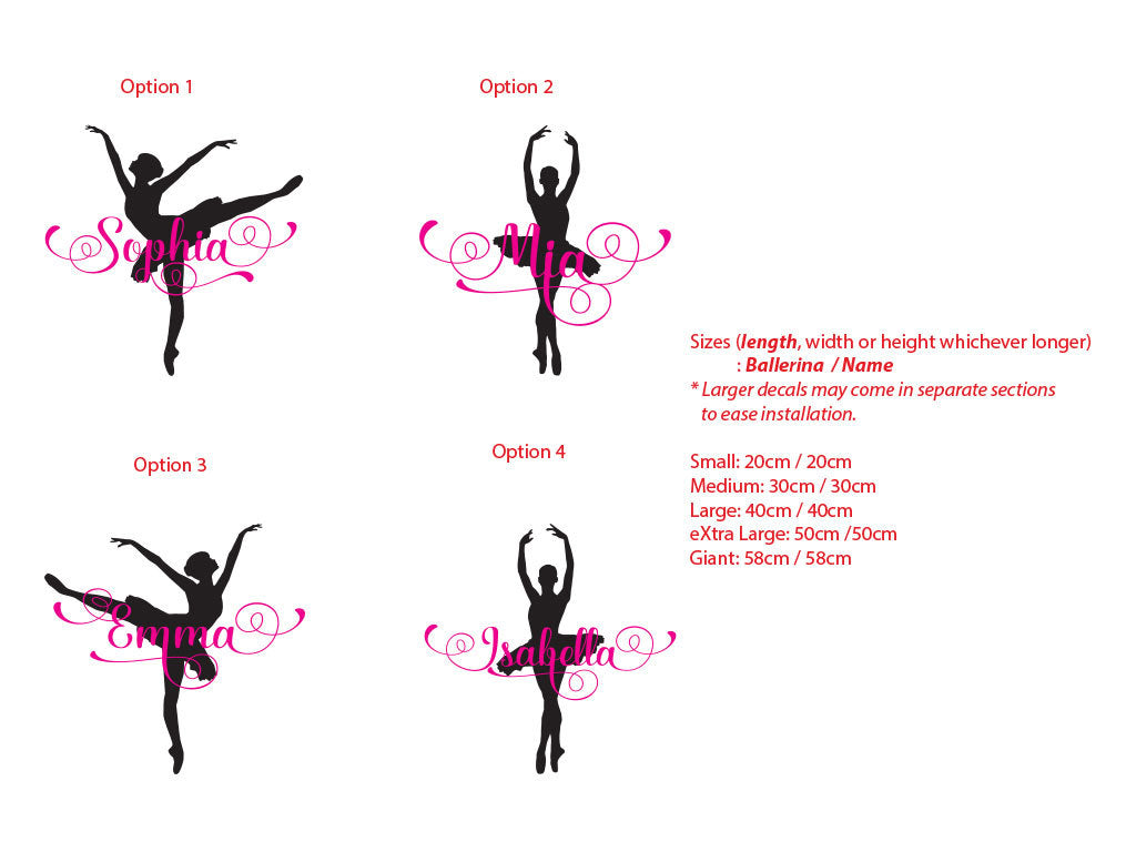Custom Ballerina Ballet Name Door Sticker Decal — size guide