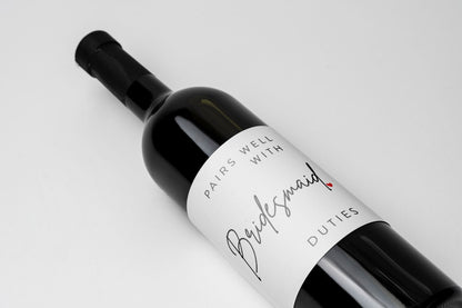 Pairs Well With Bridesmaid Duties Wine Label Wedding Champagne Bottle Sticker — product photo
