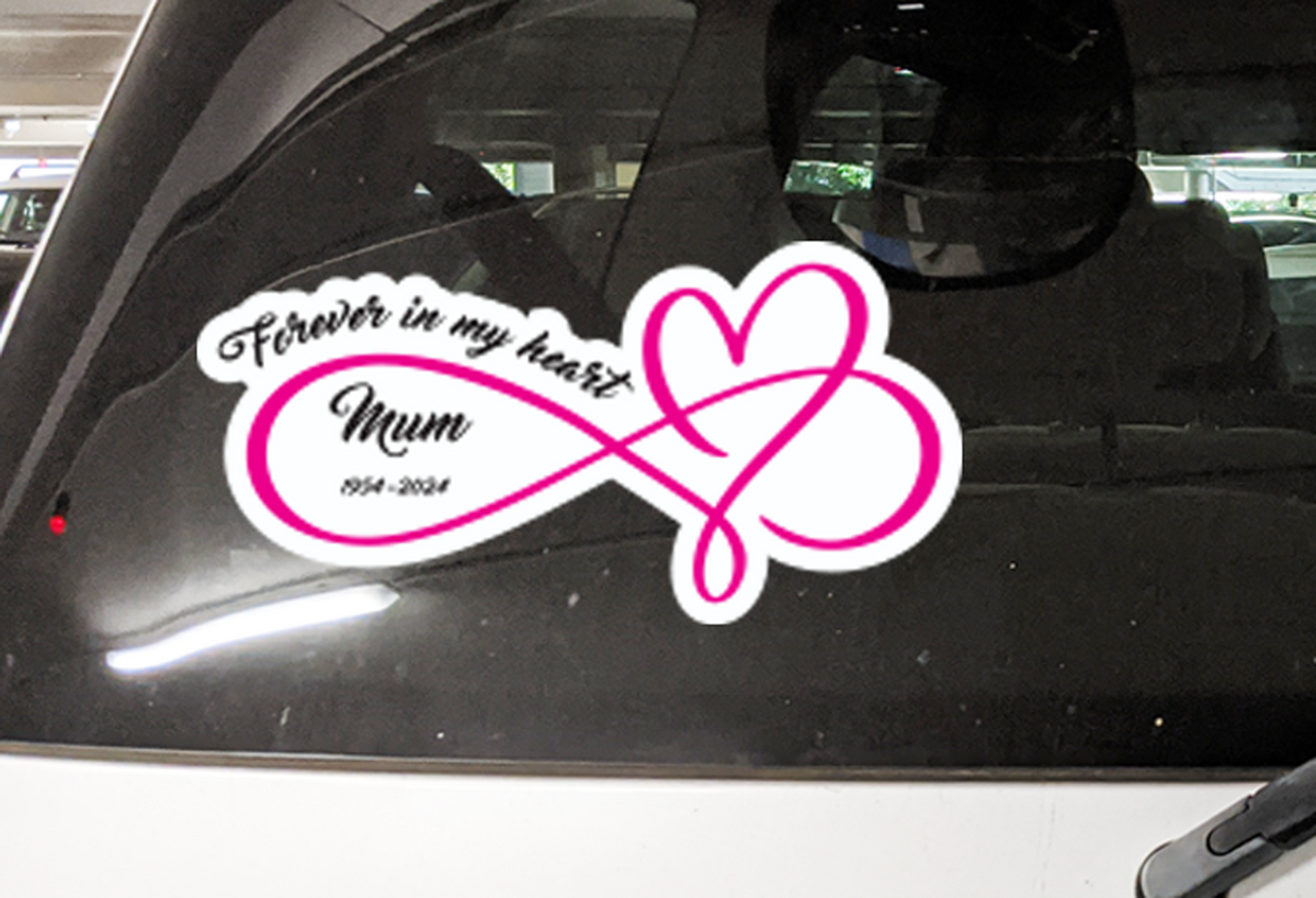 Custom RIP Memorial Car Decal Sticker Sign Forever In My Heart Infinity Mum Name — shown applied