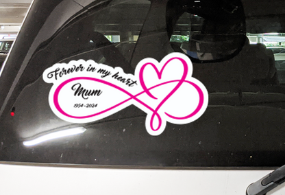 Custom RIP Memorial Car Decal Sticker Sign Forever In My Heart Infinity Mum Name — shown applied