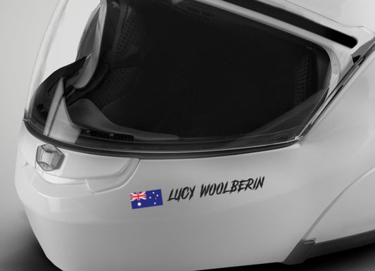Custom Helmet Name Stickers x2 with Flag Race Rally Car Motorsport Vinyl Decal — product photo