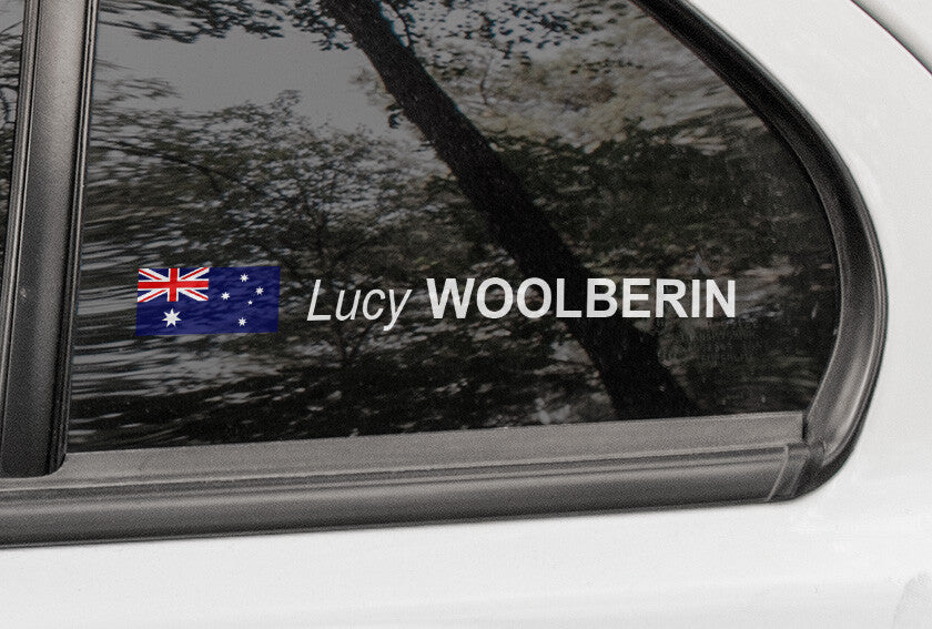 Custom Helmet Name Stickers x2 with Flag Race Rally Car Motorsport Vinyl Decal — size guide