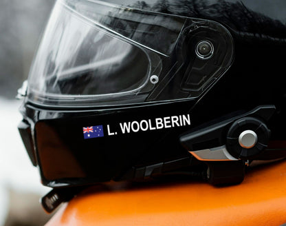 2x Helmet Driver Name stickers with flag race rally car Bike decal Motorsport — product photo