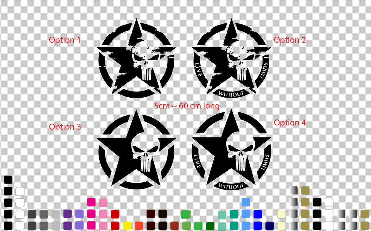 Punisher Army Star Live Without Limits Car Bonnet Military Star Decal Sticker — shown applied