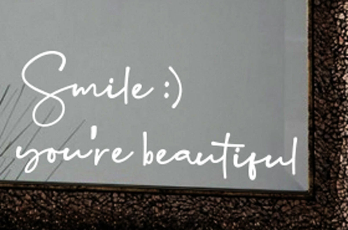 Smile You are beautiful Mirror Decal Sticker Inspirational Vinyl Wall Door Decal — product photo