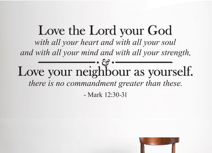 Bible Verse Wall Decal Mark 12 Love the Lord Your God — size guide