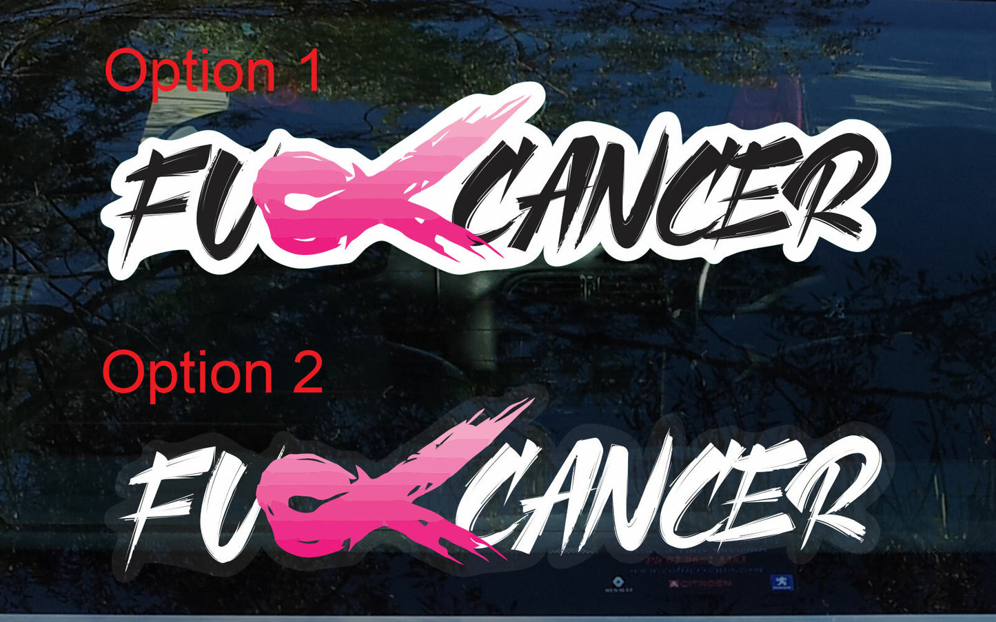 F*ck Breast Cancer Grunge Ribbon Decal - Pink Warrior Sticker for Car Window — shown applied