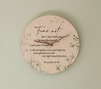 Bible Verse Wall Clock Isaiah 41:11 Fear Not Christian Wood Clock Wall decor — shown applied