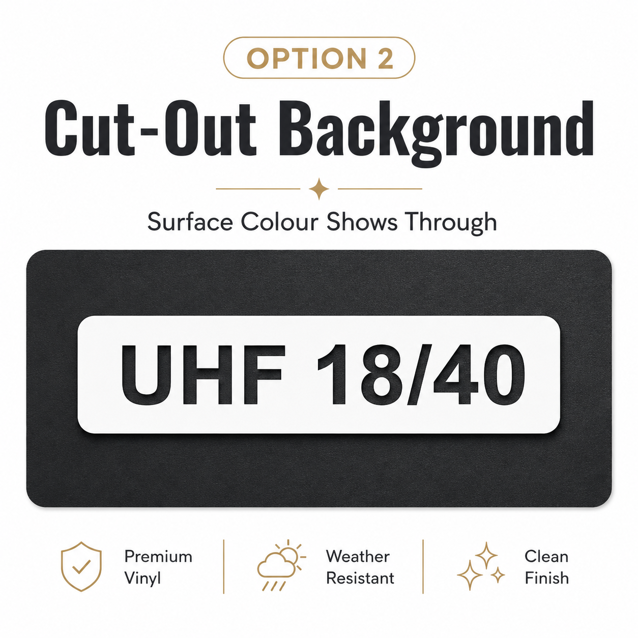 UHF channel decal Option 2 — channel number cut out of a dark vinyl background so the surface colour shows through