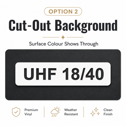 UHF channel decal Option 2 — channel number cut out of a dark vinyl background so the surface colour shows through