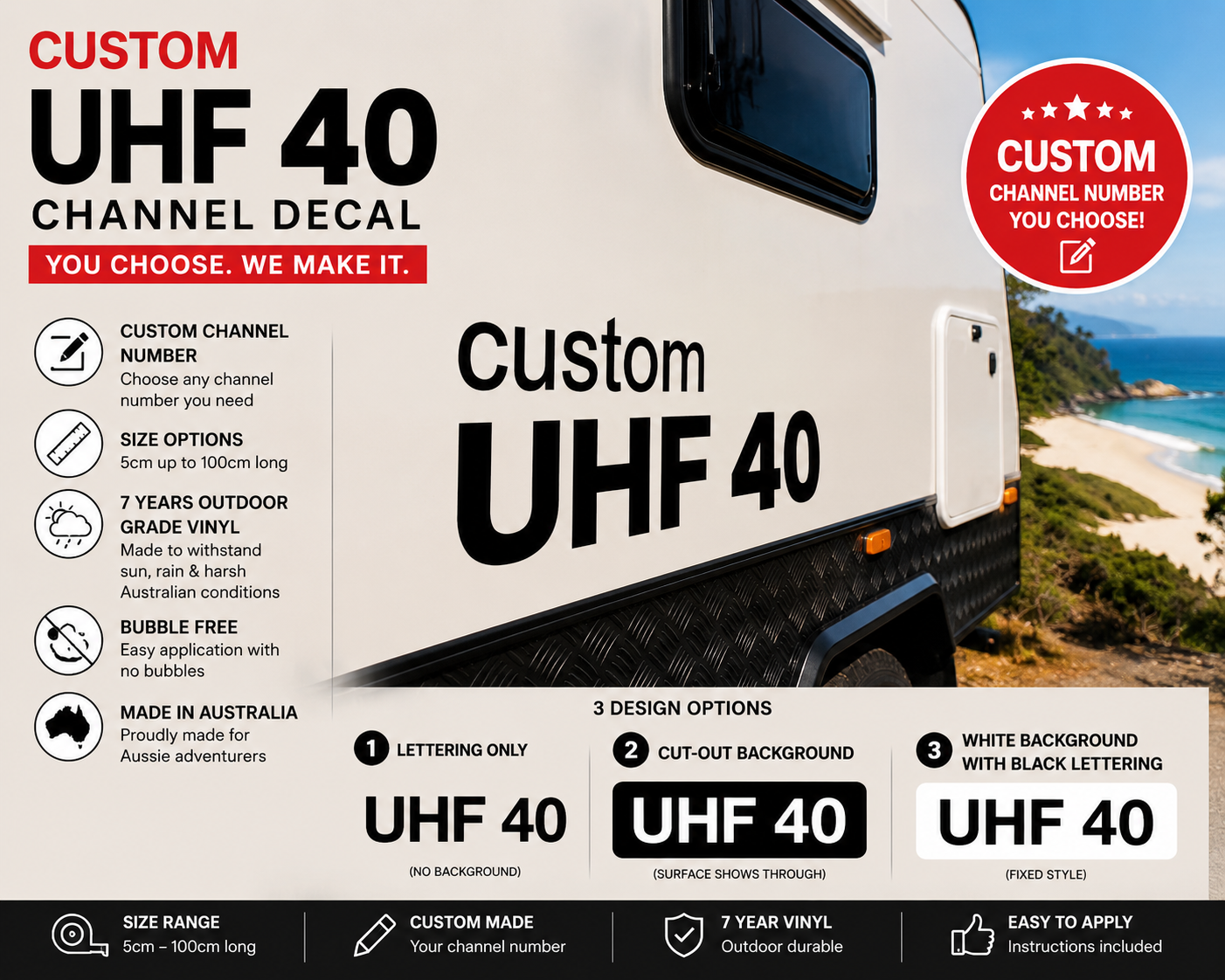 Custom UHF 10 18 40 or Personalised Channel Decal Sticker for Caravan, 4WD & Ute