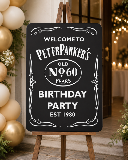 Black acrylic birthday welcome sign on a timber easel, whiskey-label style with white lettering, styled with balloons