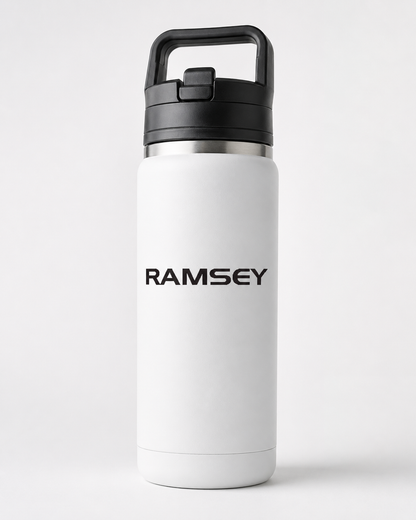 White insulated drink bottle with a personalised name decal in black block lettering