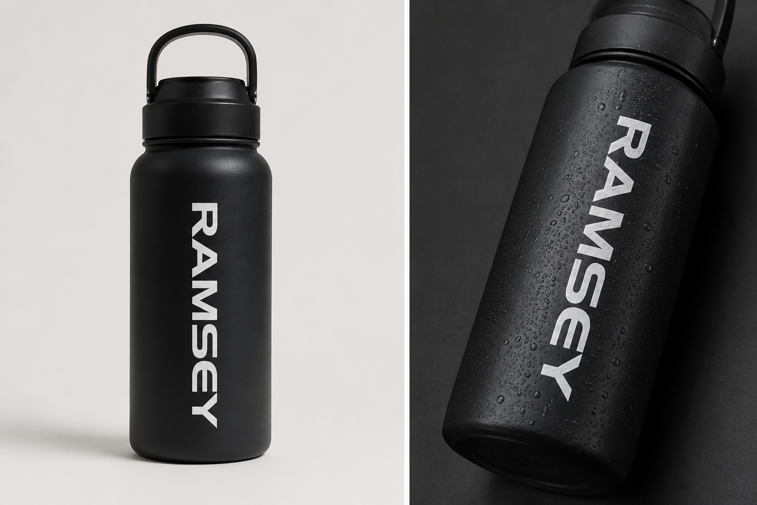 Matte black drink bottle with a personalised name decal in white lettering, shown front-on and in close-up