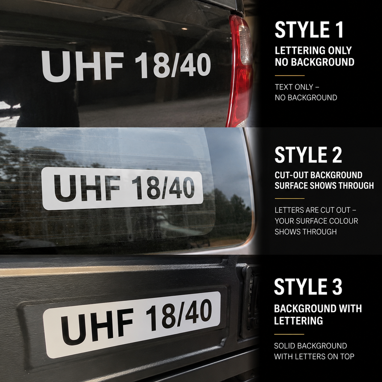 Custom UHF channel decal styles shown on a dark 4WD: lettering only, cut-out background and solid background with lettering