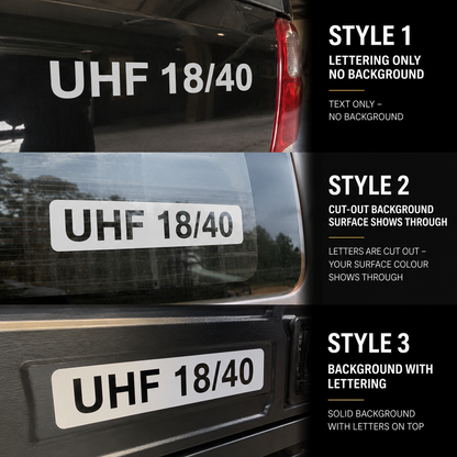 Custom UHF channel decal styles shown on a dark 4WD: lettering only, cut-out background and solid background with lettering
