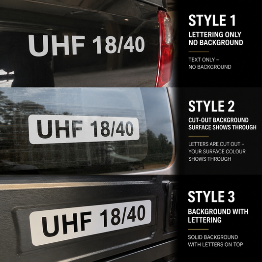 Custom UHF channel decal styles shown on a dark 4WD: lettering only, cut-out background and solid background with lettering