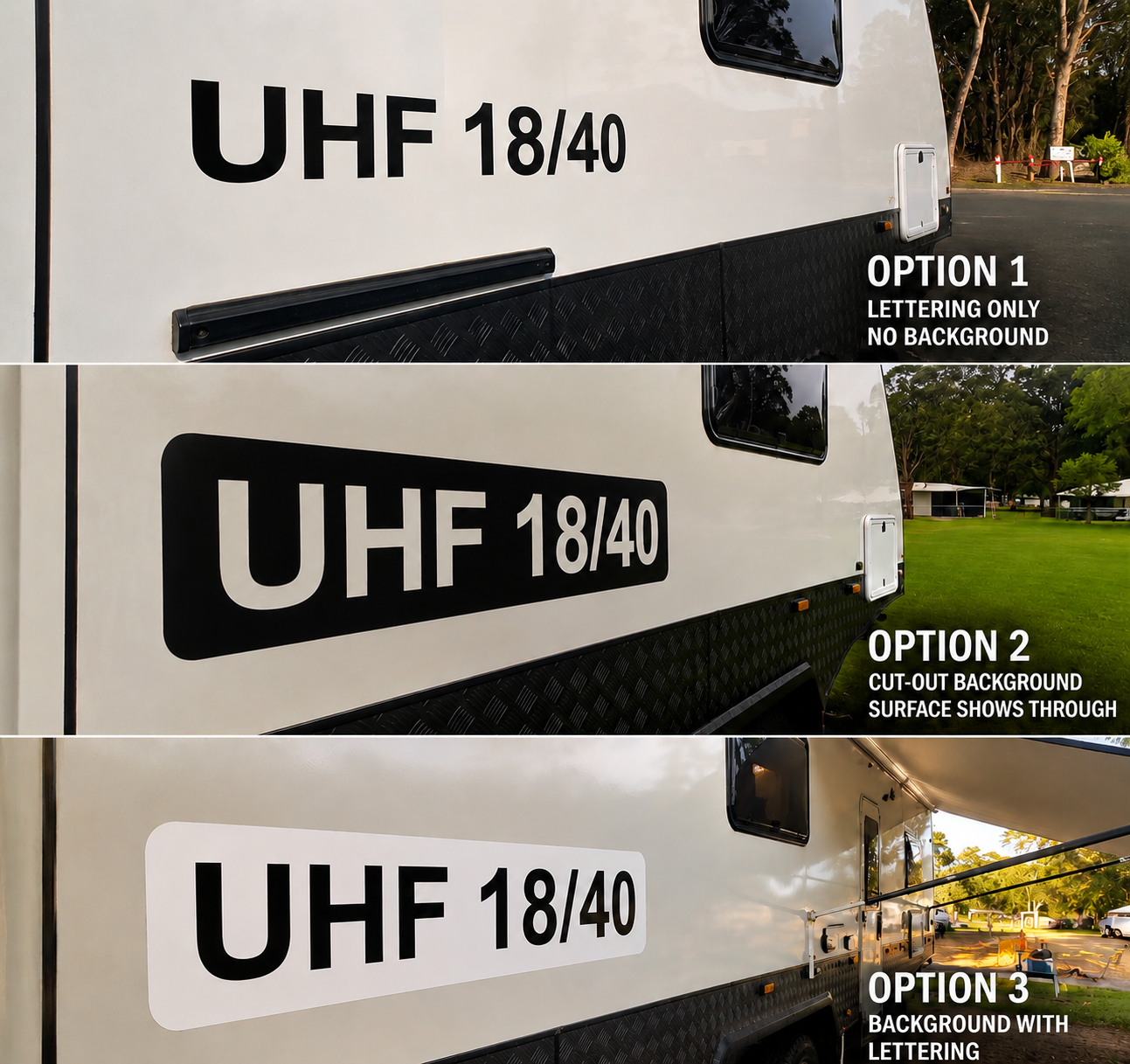 UHF channel decal in three design styles compared on the side of a white caravan: lettering only, cut-out background and white background