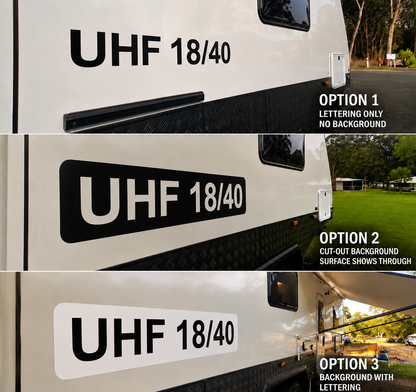 UHF channel decal in three design styles compared on the side of a white caravan: lettering only, cut-out background and white background