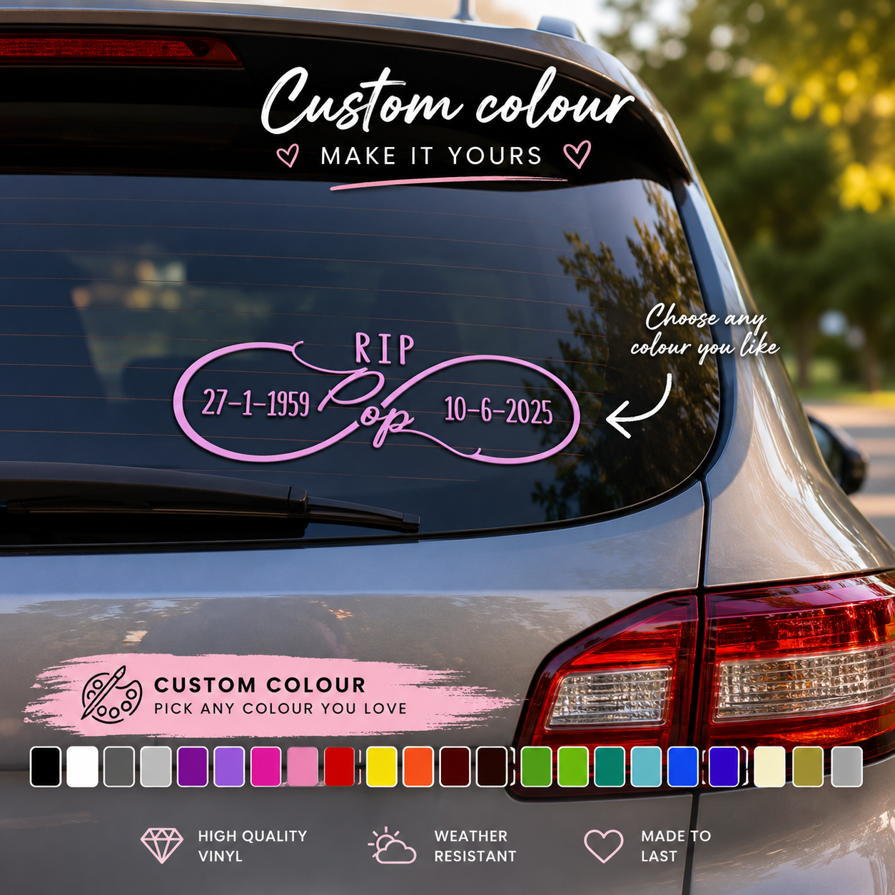 Car window with a personalized decal and color swatch for customization.