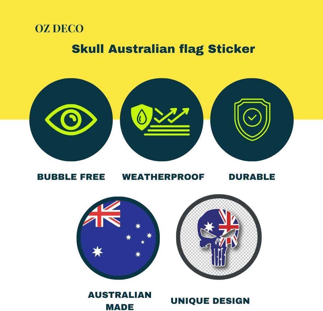 Skull Australian flag sticker with features on a yellow and white background