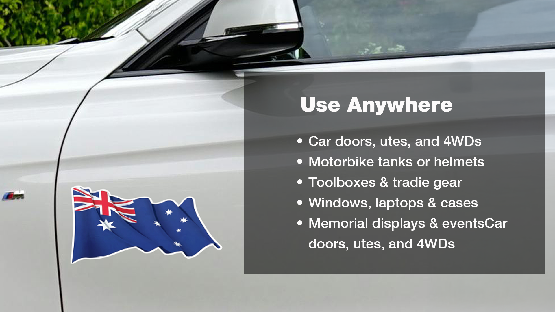 Car with Australian flag decal and text about usage on a white background