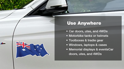 Car with Australian flag decal and text about usage on a white background
