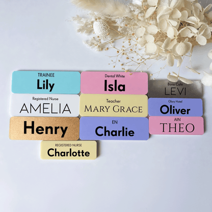 Custom Acrylic Name Badge: Pastel & Metallic, Pin or Magnetic Title Top