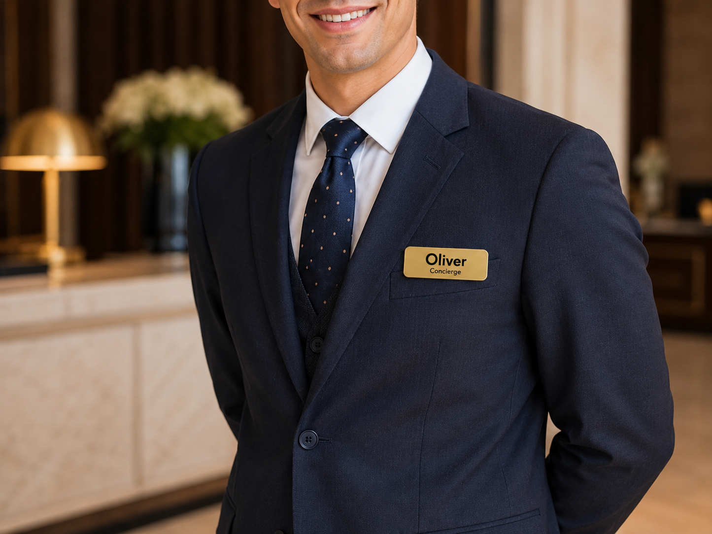 Man in a navy suit with a name tag reading 'Oliver' in an indoor setting.