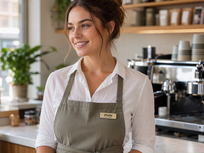 Woman wearing a green apron in a coffee shop setting