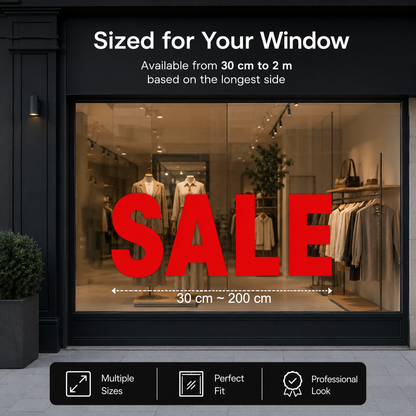 Store window display with 'SALE' sign and clothing, featuring text about product dimensions.